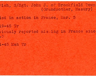 World War II, Vindicator, John J. Furich, Brookfield, killed, France, 1945, Trumbull, missing, Mahoning, Trumbull