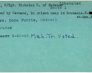 World War II, Vindicator, Nicholas D. Furrie, liberated, Nutwood, prisoner, Germany, Roumania, 1944, Mahoning, Trumbull, Dora Furrie, 1945