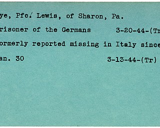 World War II, Vindicator, Lewis Fye, Sharon, prisoner, Germany, 1944, Trumbull, missing, Italy