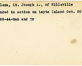 World War II, Vindicator, Joseph A. Gallena, Hillsville, wounded, Leyte, 1944, Mahoning, Trumbull
