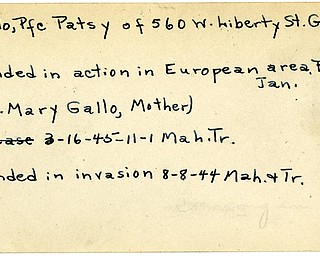 World War II, Vindicator, Patsy Gallo, Girard, wounded, Europe, Belgium, Mary Gallo, 1945, Mahoning, Trumbull, 1944