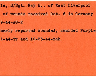 World War II, Vindicator, Ray B. Gamble, East Liverpool, wounded, killed, 1944, Germany, award, Purple Heart, Trumbull, Mahoning