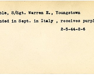 World War II, Vindicator, Warren E. Gamble, Youngstown, wounded, Italy, award, Purple Heart, 1944