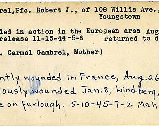 World War II, Vindicator, Robert J. Gambrel, Youngstown, wounded, Europe, 1944, Carmel Gambrel, France, 1945, Mahoning
