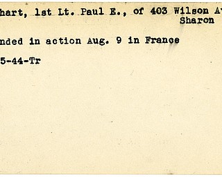 World War II, Vindicator, Paul E. Garhart, Sharon, wounded, France, 1944, Trumbull