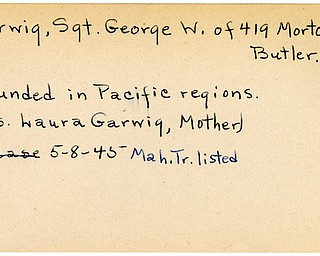 World War II, Vindicator, George W. Garwig, Butler, wounded, Pacific, Laura Garwig, 1945, Mahoning, Trumbull