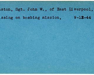 World War II, Vindicator, John W. Gaston, East Liverpool, missing, 1944