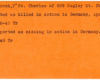 World War II, Vindicator, Charles Gaydosh, Farrell, killed, Germany, 1945, Trumbull, missing