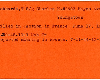 World War II, Vindicator, Charles H. Gebhardt, Youngstown, killed, France, 1944, missing, 1945, Mahoning, Trumbull