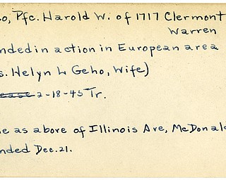 World War II, Vindicator, Harold W. Geho, Warren, wounded, Europe, 1945, Trumbull, Helyn L. Geho