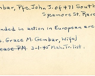World War II, Vindicator, John J. Gembar, Ravenna, wounded, Europe, Grace M. Gembar, 1945, Mahoning, Trumbull