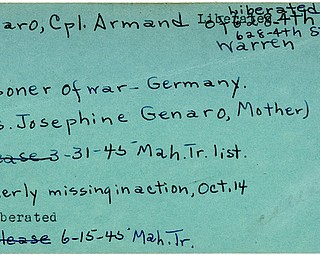 World War II, Vindicator, Armand Genaro, liberated, prisoner, Warren, Germany, Josephine Genaro, 1945, Mahoning, Trumbull, missing