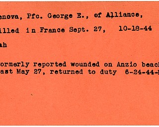 World War II, Vindicator, George E. Genova, Alliance, killed, France, 1944, Mahoning, wounded, Anzio