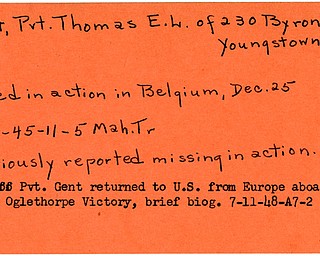 World War II, Vindicator, Thomas E. L. Gent, Youngstown, killed, Belgium, 1945, Mahoning, Trumbull, missing, 1948