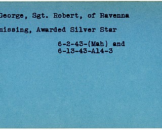 World War II, Vindicator, Robert George, Ravenna, missing, award, Silver Star, 1943, Mahoning