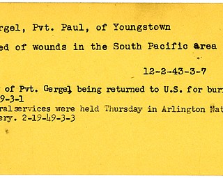 World War II, Vindicator, Paul Gergel, Youngstown, died, killed, wounded, Pacific, 1943, 1949