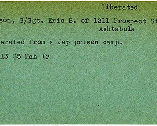 World War II, Vindicator, Eric B. Gertson, Ashtabula, liberated, Japanese, prisoner, 1945, Mahoning, Trumbull