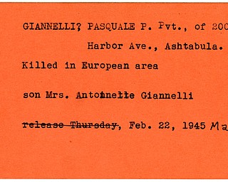 World War II, Vindicator, Pasquale P. Giannelli, Ashtabula, killed, Europe, Antonnette Giannelli, 1945, Mahoning, Trumbull
