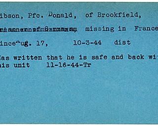 World War II, Vindicator, Donald Gibson, Brookfield, missing, France, 1944, Trumbull, safe