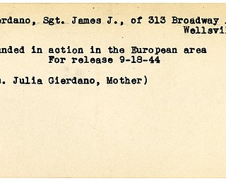 World War II, Vindicator, James J. Gierdano, Wellsville, wounded, Europe, 1944, Julia Gierdano