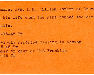 World War II, Vindicator, William F. Gilmore, Grove City, killed, Japanese, 1945, Trumbull, missing, USS Franklin