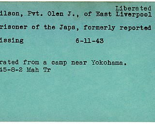 World War II, Vindicator, Olen J. Gilson, East Liverpool, liberated, prisoner, Japanese, missing, 1943, 1945, Mahoning, Trumbull