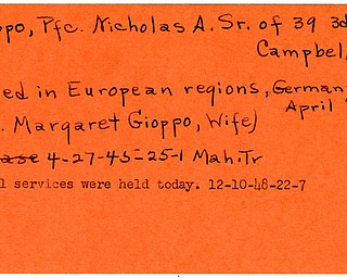 World War II, Vindicator, Nicholas A. Gioppo Sr, Campbell, killed, Europe, Germany, Margaret Gioppo, 1945, Mahoning, Trumbull, 1948