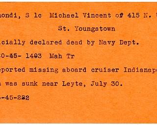 World War II, Vindicator, Michael Vincent Gismondi, Youngstown, killed, died, Navy Dept, 1945, Mahoning, Trumbull, missing