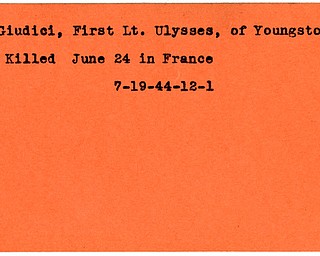 World War II, Vindicator, Ulysses Giudici, Youngstown, killed, France, 1944