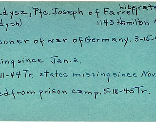World War II, Vindicator, Joseph Gladysz, Joseph Gladysh, Farrell, liberated, prisoner, Germany, 1945, Trumbull, missing, 1944