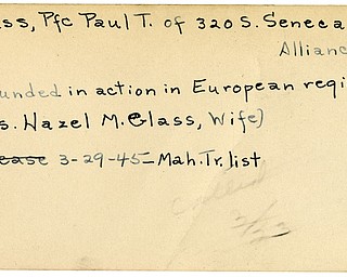 World War II, Vindicator, Paul T. Glass, Alliance, wounded, Europe, Hazel M. Glass, 1945, Mahoning, Trumbull