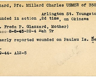 World War II, Vindicator, Millard Charles Glazzard, USMCR, Youngstown, wounded, Okinawa, Freda P. Glazzard, 1945, Mahoning, Trumbull, Paulau Island, 1944