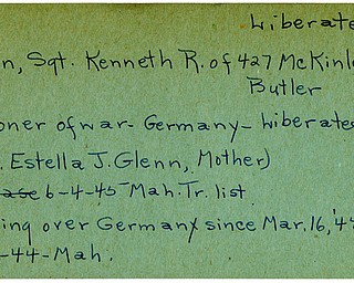 World War II, Vindicator, Kenneth R. Glenn, Butler, liberated, prisoner, Germany, Estella J. Glenn, 1945, Mahoning, Trumbull, missing, 1944