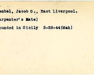 World War II, Vindicator, Jacob G. Goembel, East Liverpool, carpenter's mate, wounded, Sicily, 1944, Mahoning