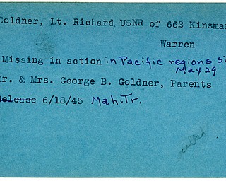 World War II, Vindicator, Richard Goldner, USNR, Warren, missing, Pacific, George B. Goldner, 1945, Mahoning, Trumbull