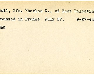 World War II, Vindicator, Charles C. Goll, East Palestine, wounded, France, 1944, Mahoning