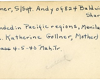 World War II, Vindicator, Andy Gollner, Sharon, wounded, Pacific, Manila, Katherine Gollner, 1945, Mahoning, Trumbull