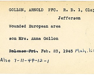 World War II, Vindicator, Arnold Gollon, Jefferson, wounded, Europe, Anna Gollon, 1945, Mahoning, Trumbull, 1944
