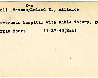 World War II, Vindicator, Leland D. Goneli, seaman, Alliance, hospitalized, wounded, award, Purple Heart, 1943, Mahoning