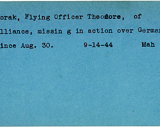 World War II, Vindicator, Theodore Gorak, flying officer, Alliance, missing, Germany, 1944, Mahoning