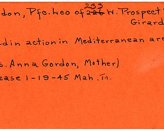World War II, Vindicator, Leo W. Gordon, Girard, killed, Mediterranean, Anna Gordon, 1945, Mahoning, Trumbull