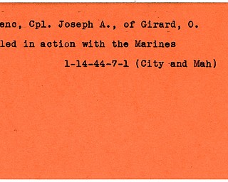 World War II, Vindicator, Joseph A. Goreno, Girard, killed, 1944, Mahoning