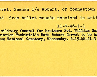 World War II, Vindicator, Robert Gorvet, Youngstown, killed, wounded, 1943, military funeral, William Gorvet, Arlington National Cemetery, 1948