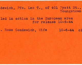 World War II, Vindicator, Leo T. Gozdewich, Youngstown, killed, Europe, 1944, Mrs. Rose Gozdewich