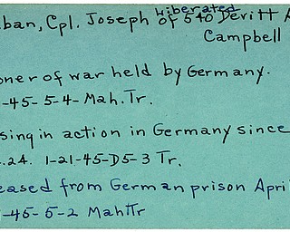 World War II, Vindicator, Joseph Graban, Campbell, prisoner, Germany, 1945, Missing, released, liberated, Mahoning, Trumbull