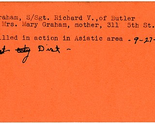 World War II, Vindicator, Richard V. Graham, Butler, killed, Asia, Asiatic area, 1944, Mary Graham