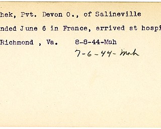 World War II, Vindicator, Devon O. Grahek, Salineville, wounded, France, hospital, Richmond, Virginia, 1944, Mahoning