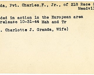 World War II, Vindicator, Charles F. Granda Jr., Meadville, wounded, Europe, 1944, Mahoning, Trumbull, Charlotte J. Granda