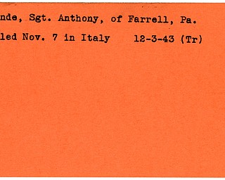 World War II, Vindicator, Anthony Grande, Farrell, Pennsylvania, killed, Italy, 1943, Trumbull