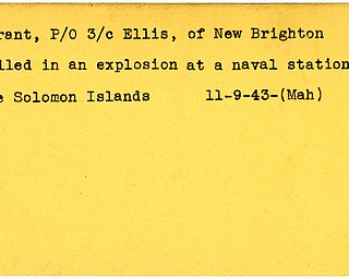 World War II, Vindicator, Ellis Grant, New Brighton, killed, explosion, naval station, Solomon Islands, 1943, Mahoning